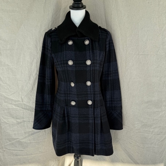 Guess Women's Blue/Black Plaid Double Breasted Wool Pea Coat Size M - Picture 1 of 10